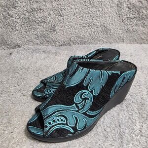 Rockwell Tharp Wedge Mules Teal Black Brocade Peep Toe Womens 36 5-5.5 Excellent